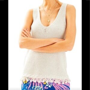 - Lilly Pulitzer Silver Metallic Jaya Sweater Tank Fringe Pom-poms